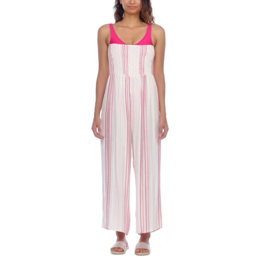 Raviya PINK STRIPE Smocked-Top Jumpsuit Cover-up US Size Medium